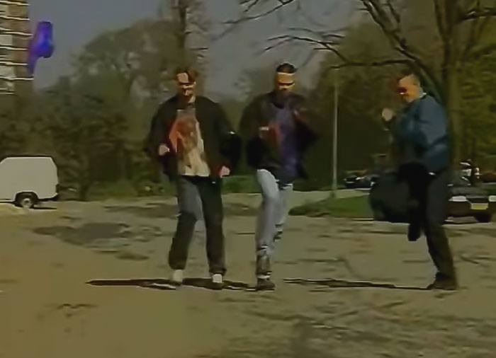 Image from 3 Steps Ahead - It's Delicious [Gabber][NL][1997] music video - three young man dancing outside
