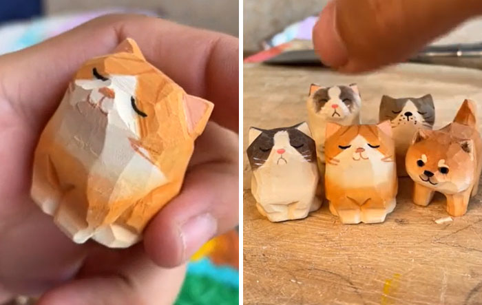 Carving A Block Of Wood With A Chisel To Make Little Characters