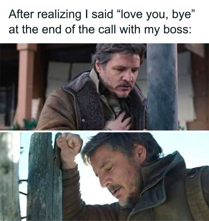 After realizing I said love you, bye at the end of the call with my boss meme