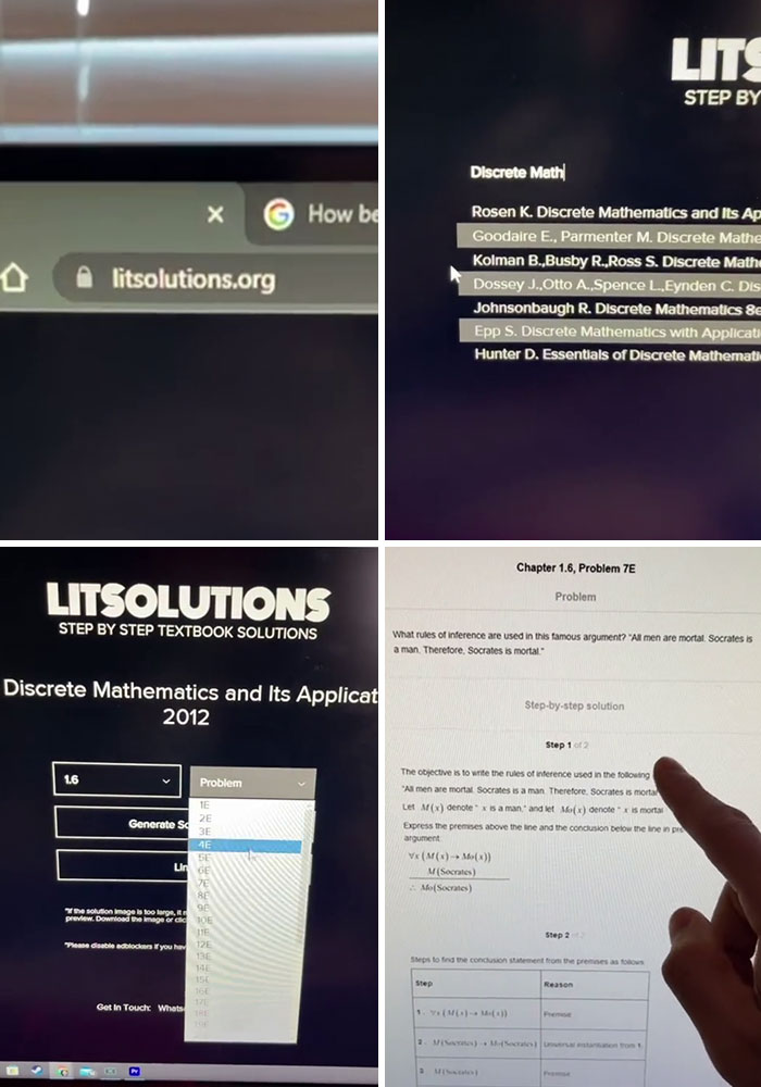 Screenshots of litsolutions.org showing step-by-step textbook solutions for discrete mathematics problems, popular websites shared on TikTok.