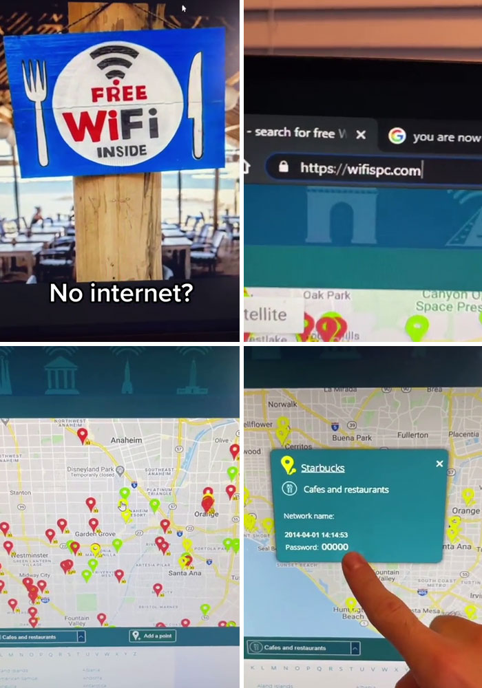 Collage showing free WiFi sign, website URL, and digital map with WiFi locations and password details on screen.