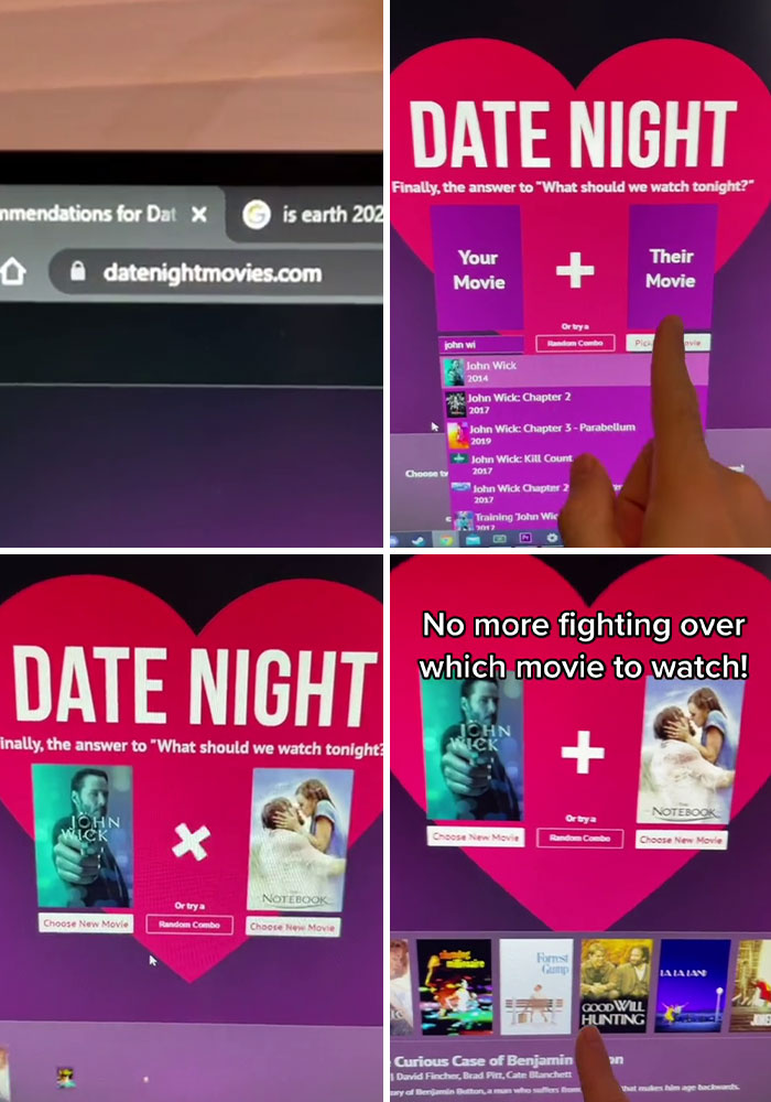 Screen showing datenightmovies.com website helping users choose movies for date night with combined movie suggestions.