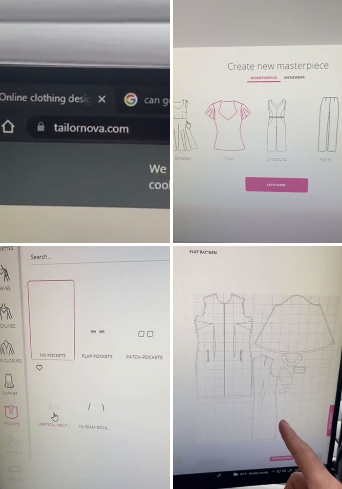 Screenshots of an online clothing design website showing options for creating and customizing garments and patterns.
