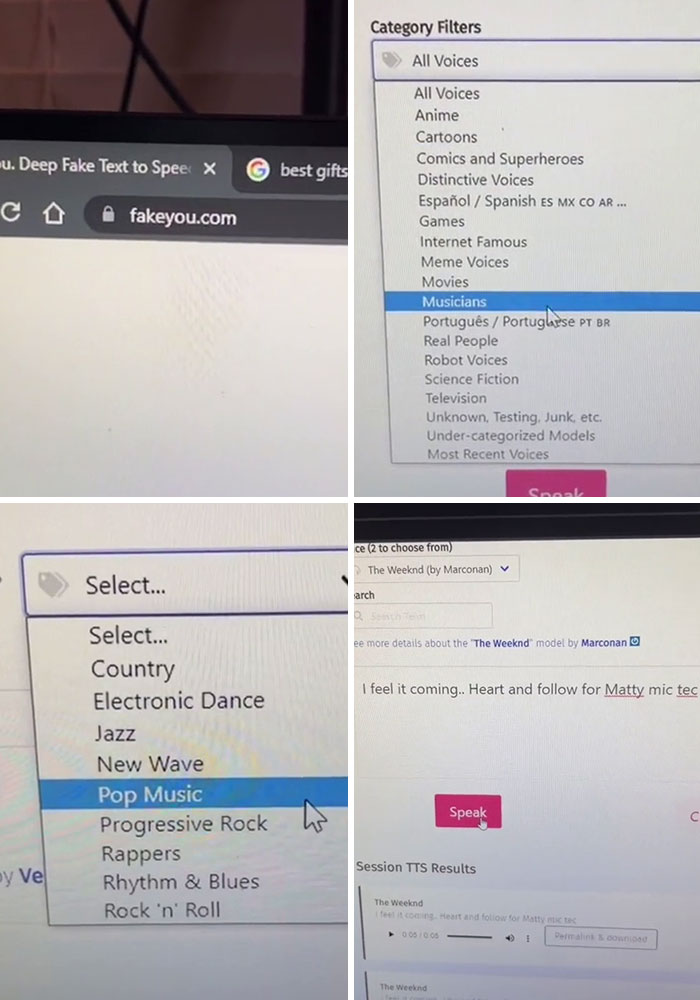 Screenshots of a text-to-speech website showcasing voice category filters and music genre selections including pop music.
