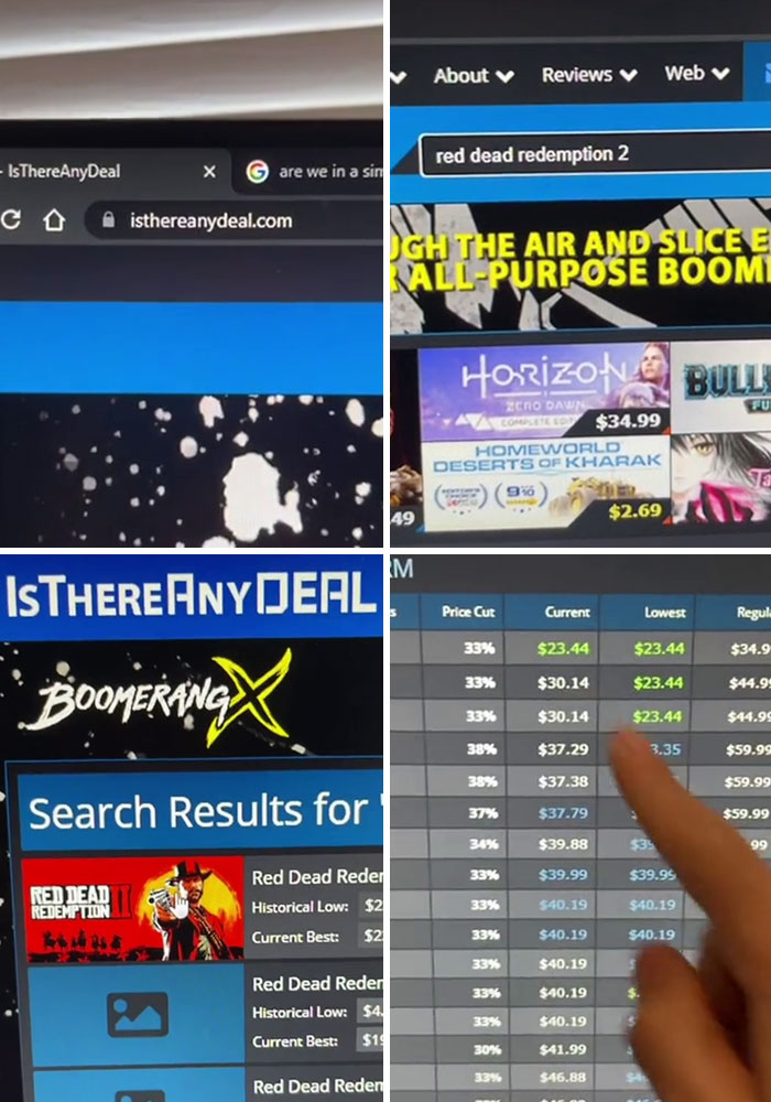 Screenshot of a laptop screen showing a website highlighting game deals with price comparisons and search results.