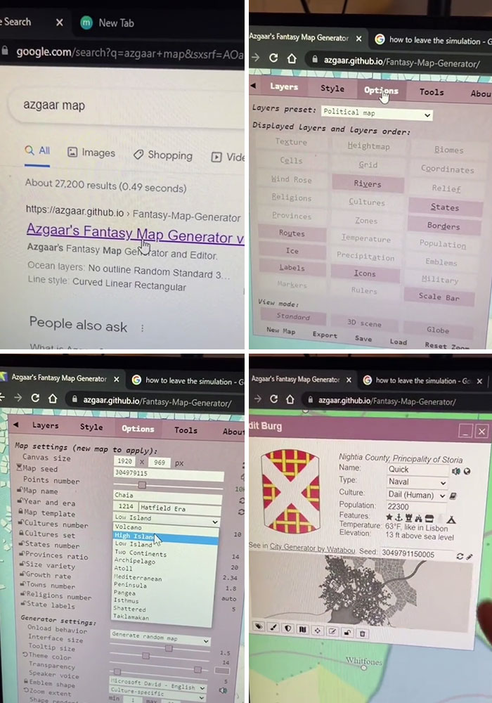 Screenshots of Azgaar's Fantasy Map Generator website showing map creation options and features on a computer screen.