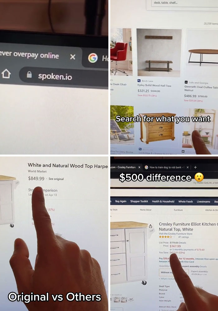 Close-up of fingers pointing at online shopping websites comparing wood furniture prices for budget savings and deals.