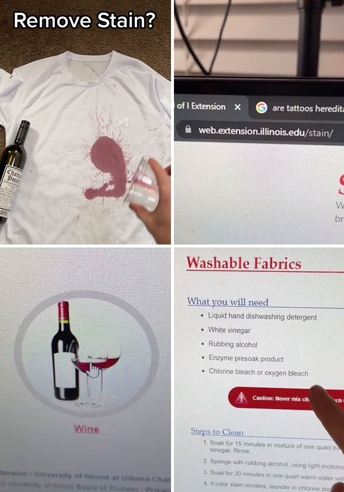Collage showing stain removal tips from educational websites featuring wine stains and cleaning instructions.