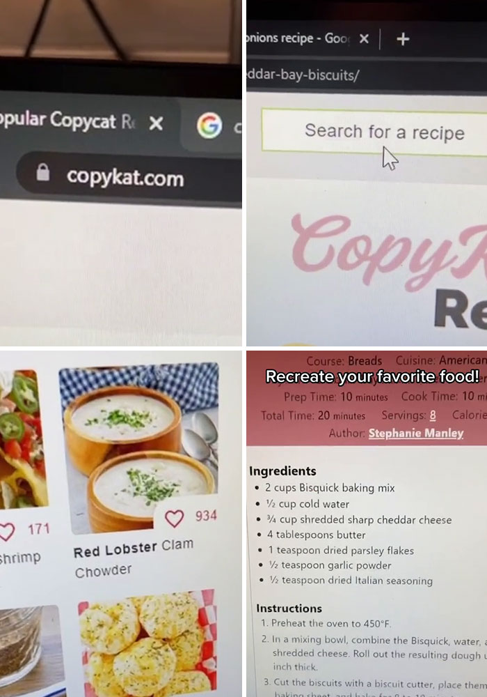 Screenshots of popular recipe website copykat.com showing search bar, recipe images, and ingredients for cheddar bay biscuits.