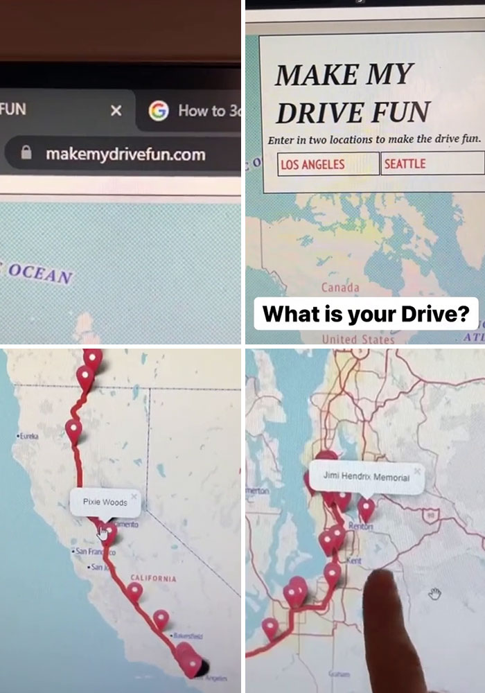 Screenshot of makemydrivefun.com showing route planning with location pins, highlighting unique travel routes and destinations.