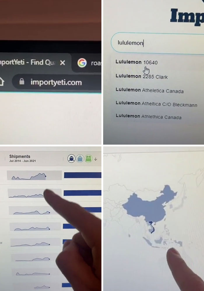 Screenshots of importyeti.com website showing shipment data and map highlighting global trade, relevant to websites that change the game.