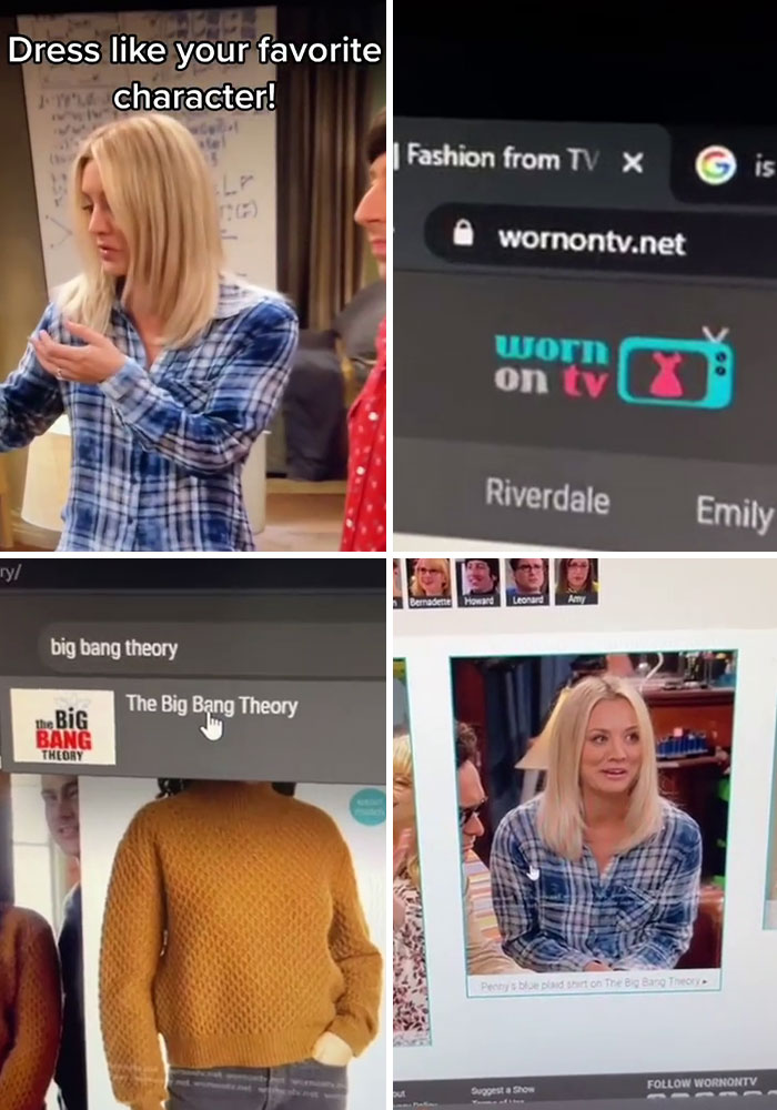 TikToker showing websites for TV fashion inspiration, featuring outfit search from popular shows like The Big Bang Theory.