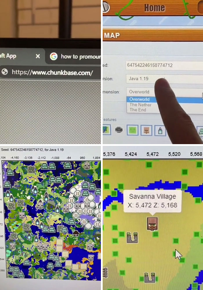 Close-up of a computer screen showing the Chunkbase website and Minecraft world map, highlighting useful websites.