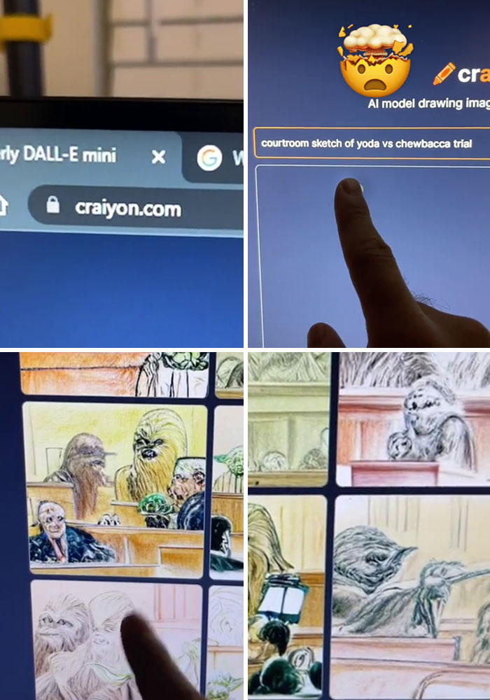 Screen showing AI website craiyon generating courtroom sketch images of Yoda and Chewbacca, highlighting unique websites that feel almost illegal to know.