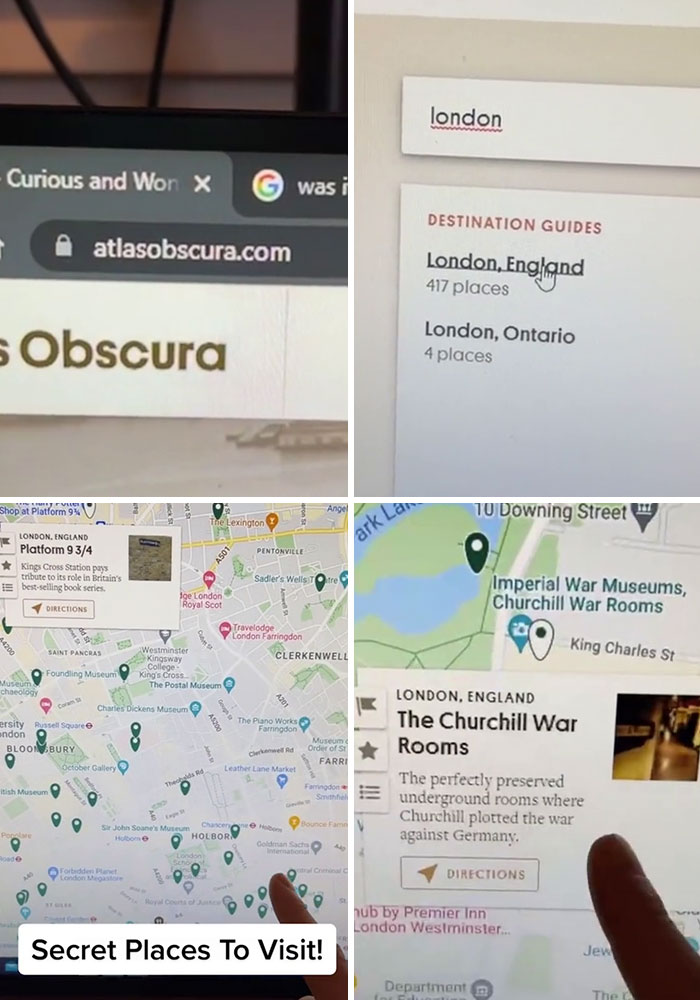Screenshots of websites showcasing secret places to visit in London with maps and destination guides from useful websites.