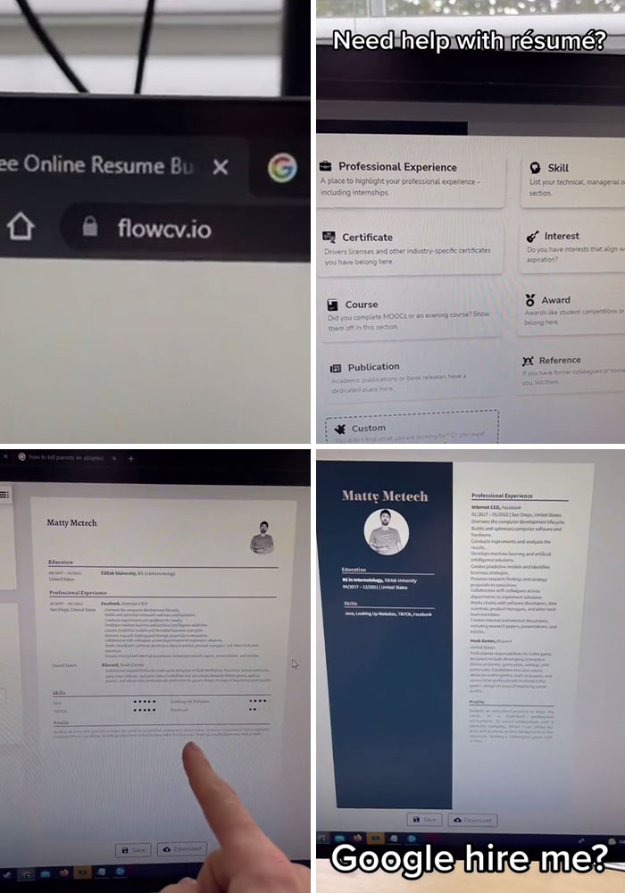 Screenshot collage showing a user navigating websites to create professional resumes and CVs for job applications.