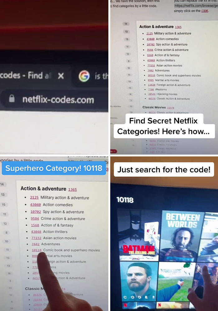Screenshot of secret Netflix codes and categories on a website, demonstrating how to find hidden content using search codes.