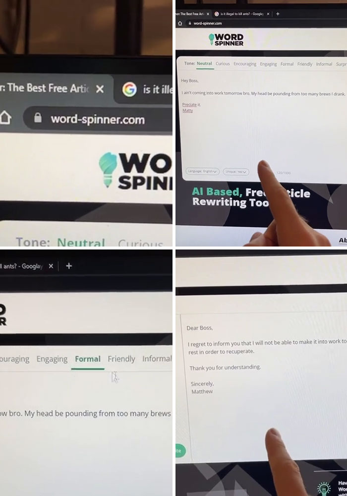 Screenshots of AI based free article rewriting tool on word-spinner.com shown on a computer screen.