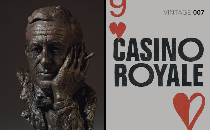Ian Fleming bronze statue and a Casino Royale book cover 