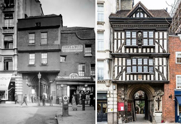 The Changing Face Of St Bartholomew-The-Great's Gatehouse In Smithfield, Which Was Built In 1595 And Some Point Bricked Over. It Was Bombed During A Ww1 Zeppelin Raid Knocking Off Some Bricks Revealing Its Tudor Half-Timbered Facade. It Was Restored To How It Looks Today. 1916 vs. Now
