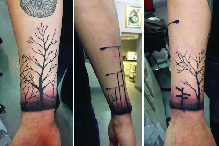 Wrist tattoo featuring a gradient design with leafless trees and a streetlight silhouette.