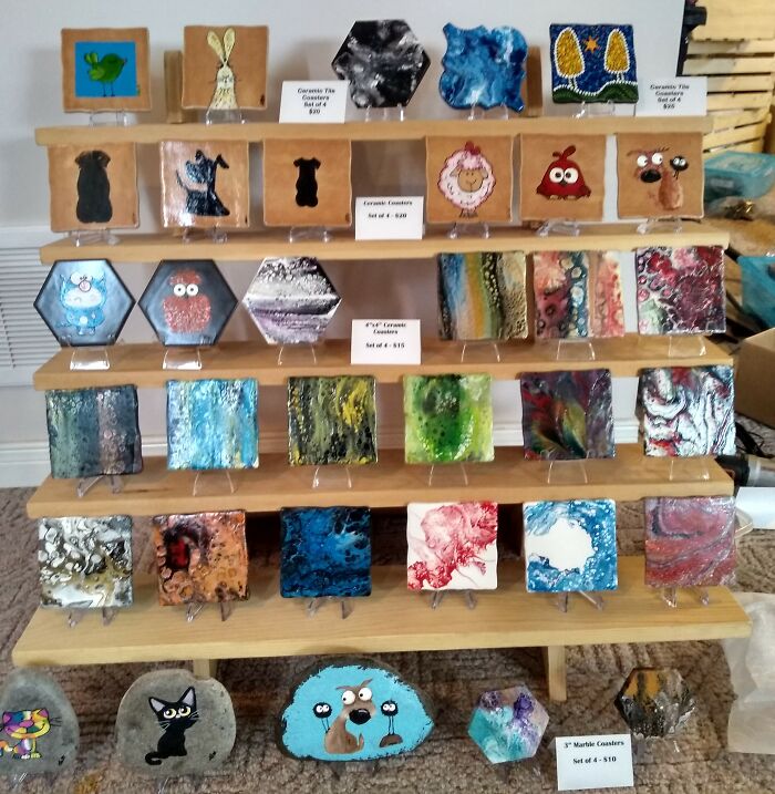 This Handmade Wood Display Stand That I Bought On Facebook Marketplace For $25! Great For Displaying My Painted Tiles At Art Shows. And It Breaks Down So It Is Easy To Transport