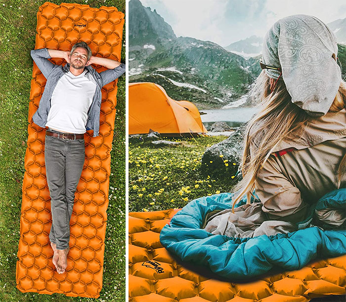 Man lying on the orange sleeping pad 