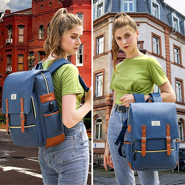 Woman holding blue backpack 