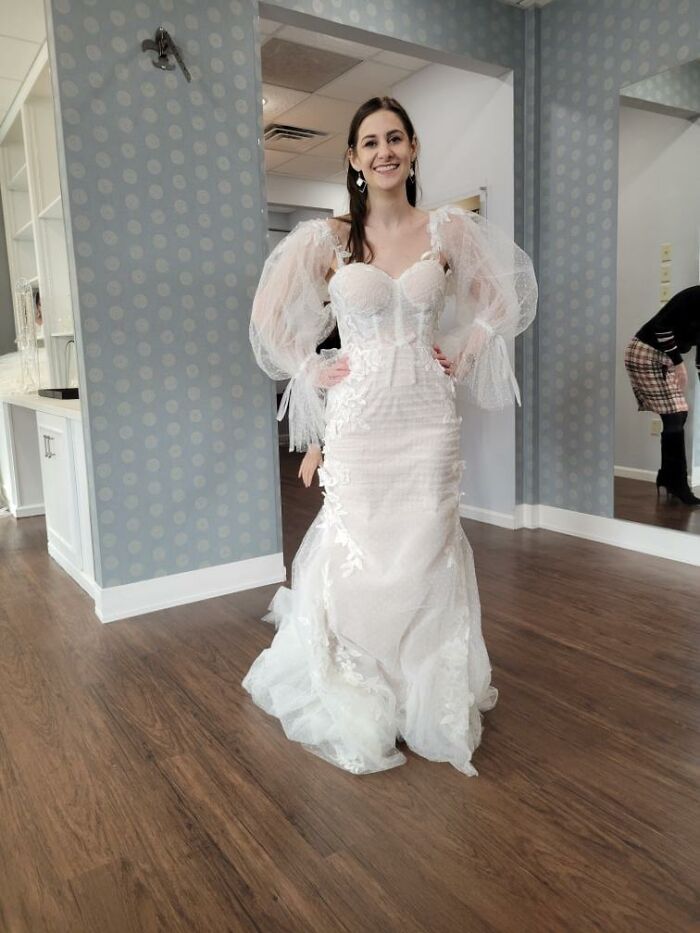 Posting Myself In This Absolute Disaster Of A Dress My Bridal Consultants Picked Out For Me When I Went To Try On Dresses. All Smiles Because I Could Not Stop Laughing At How Horrid It Was