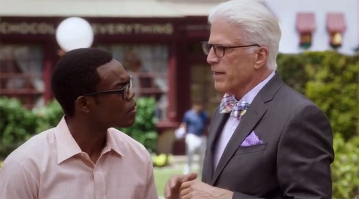  Michael and Chidi talking 