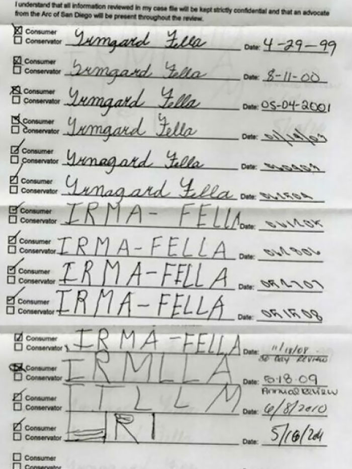 A Doctor Chronicled The Progression Of Alzheimer's Disease In One Of His Patients By Collecting Her Signatures From Medical Forms Over Several Years