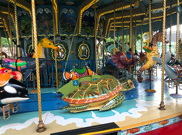 This Carousel In Hong Kong Has A Sea Turtle Mounted To The Floor For Disabled Children