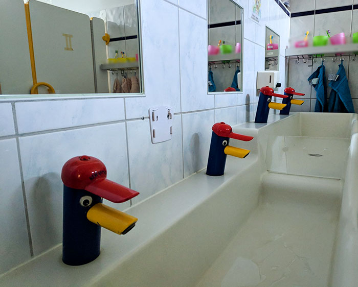 The Taps In Our Kindergarten Have Googly Eyes And Caps To Entertain Children