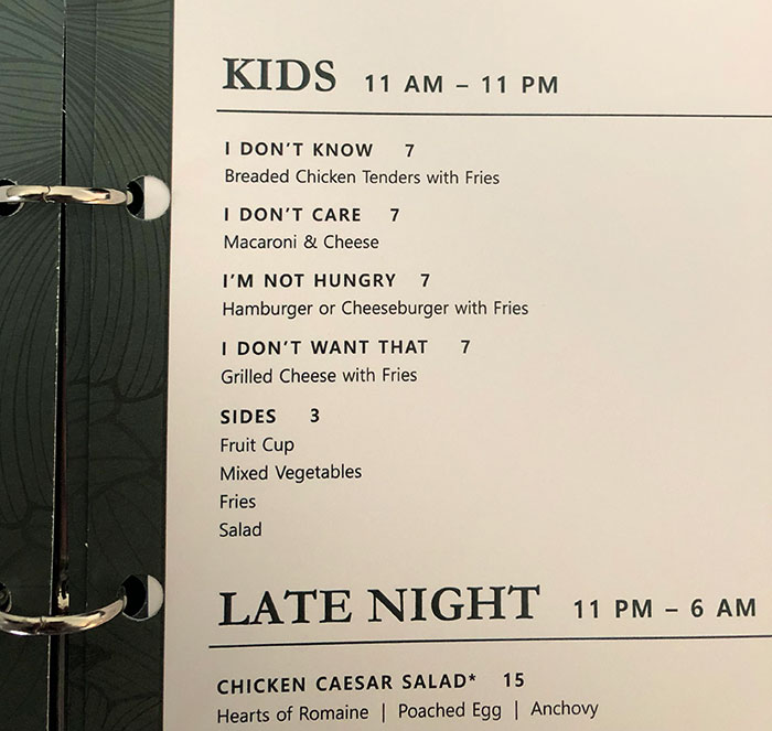 This Kids Menu At The Hotel I'm Staying At
