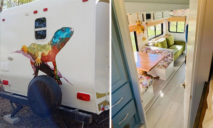 Van with a colorful painted lizard design, inspiring creative tiny house designs and mobile living ideas.
