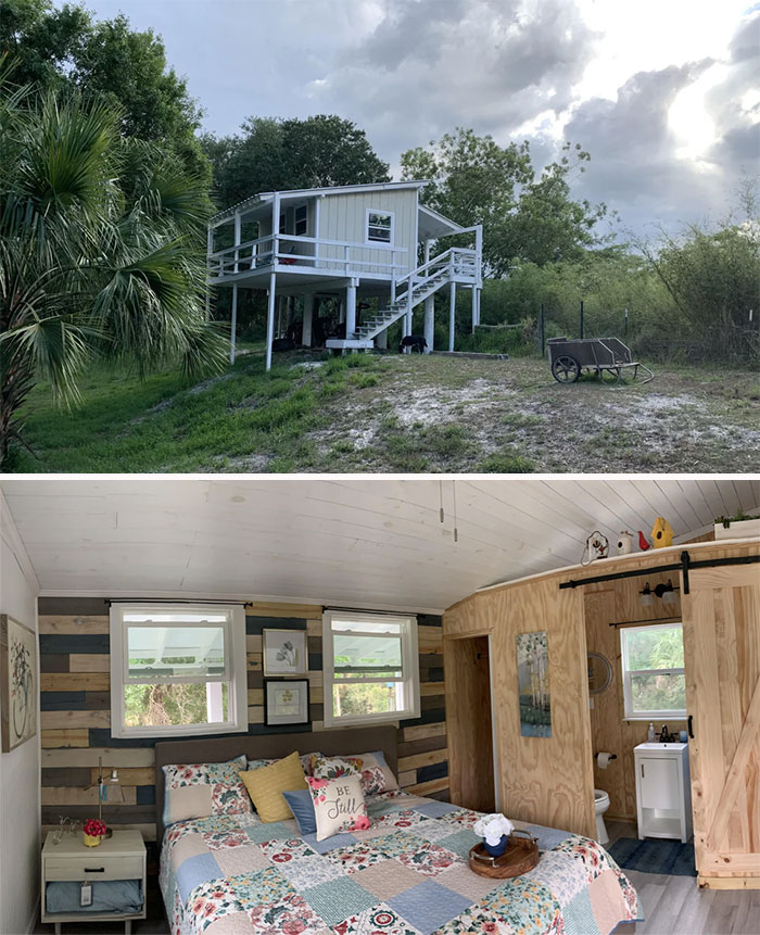 Small white tiny house design elevated on stilts surrounded by trees and cozy interior with floral quilted bed.