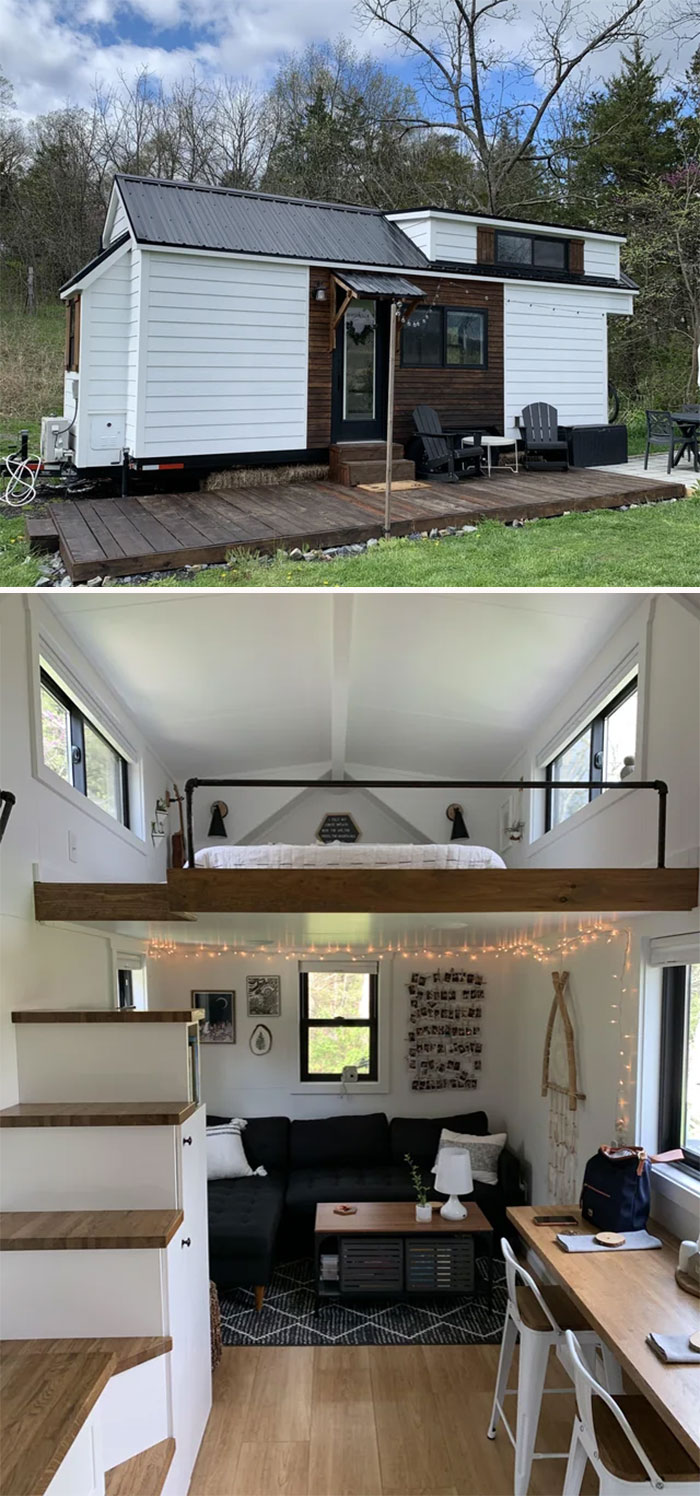 White and brown small tiny house with patio and cozy interior featuring loft bedroom and modern living space.