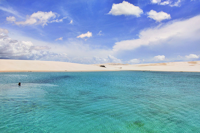 Beach with sea in Lençóis Maranhenses National Park in Brazil
