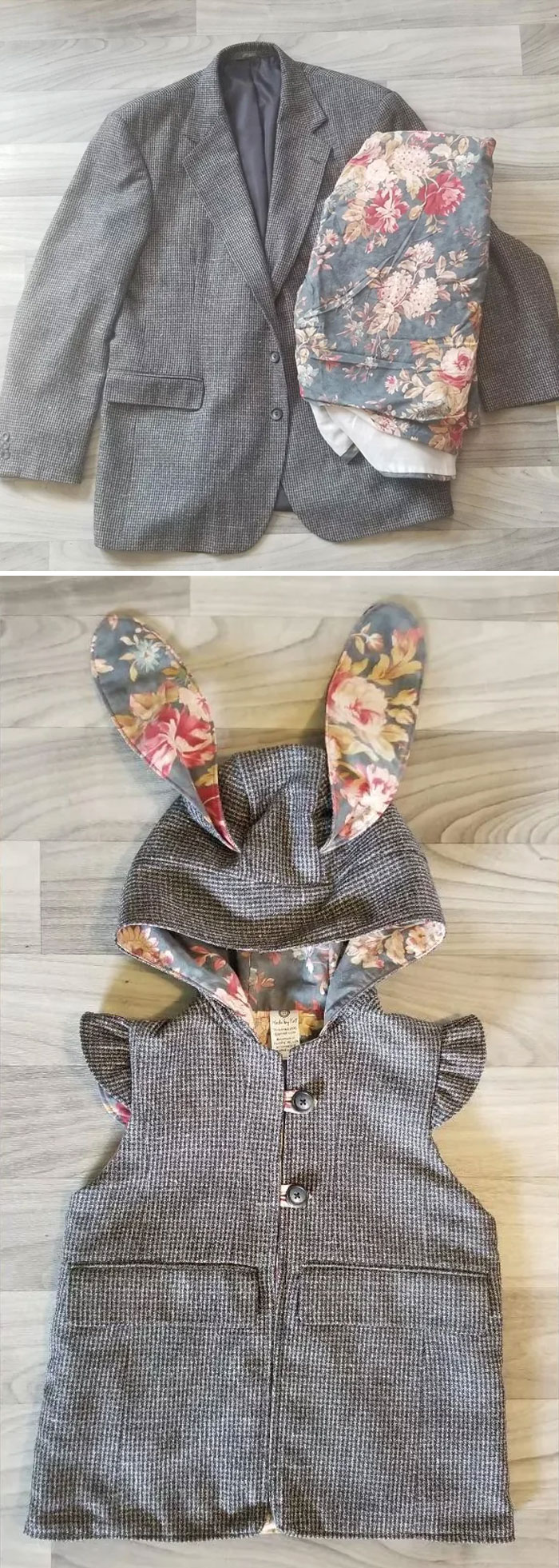 Reutilicé una vieja chaqueta de traje y cortinas para mi hija. Me encanta cómo quedó