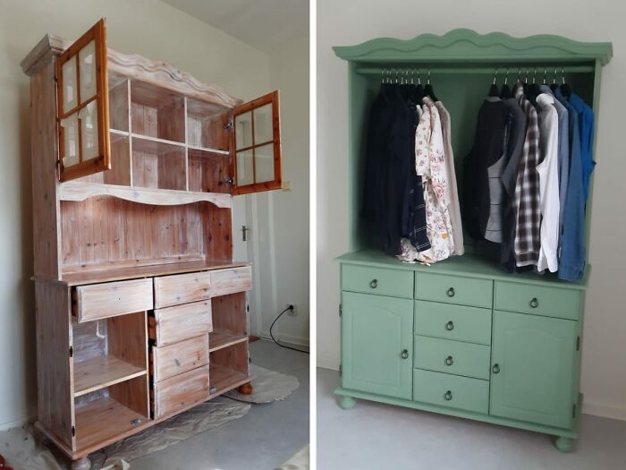 Got An Old Kitchen Cupboard From My Grandparents. We Didn't Need A Cupboard But Really Needed A Closet!