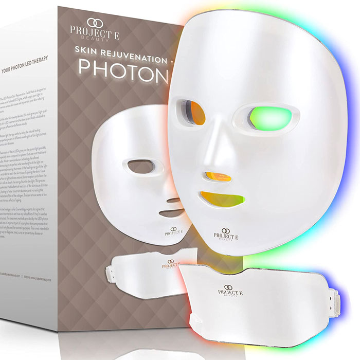 LED face and neck mask near the package