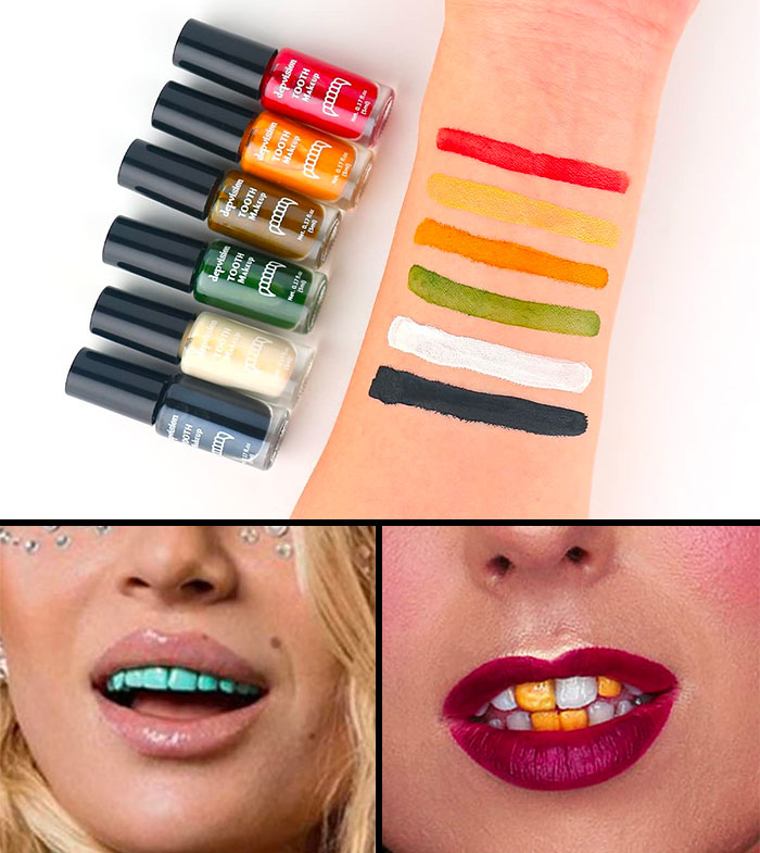 six bottles with tooth polish near the arm with examples of colors