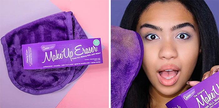 a purple makeup eraser cloth and woman with that eraser cloth