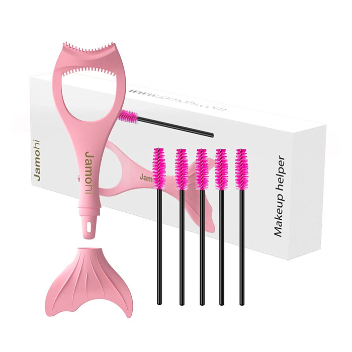 a pink Jamohi makeup helper with five eyelash brushes