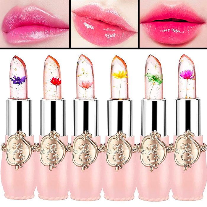 transparent lipsticks with dried flowers in them and examples of colors on lips