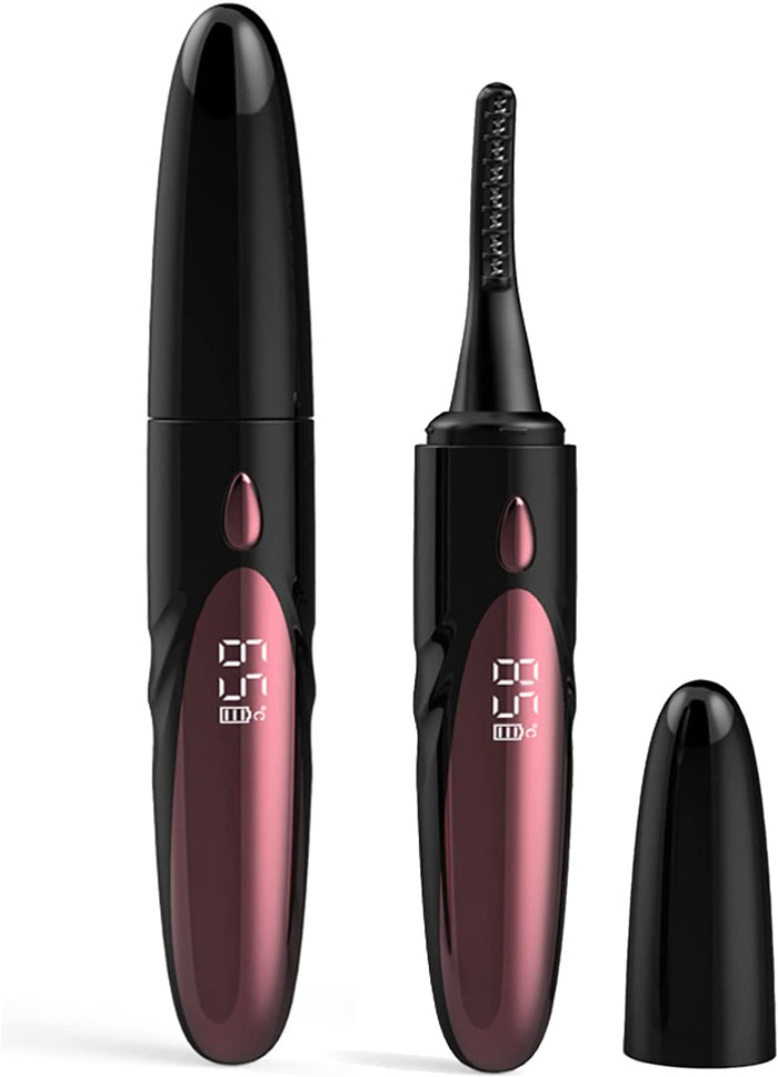 two heated eyelash curlers, one of them with opened lid
