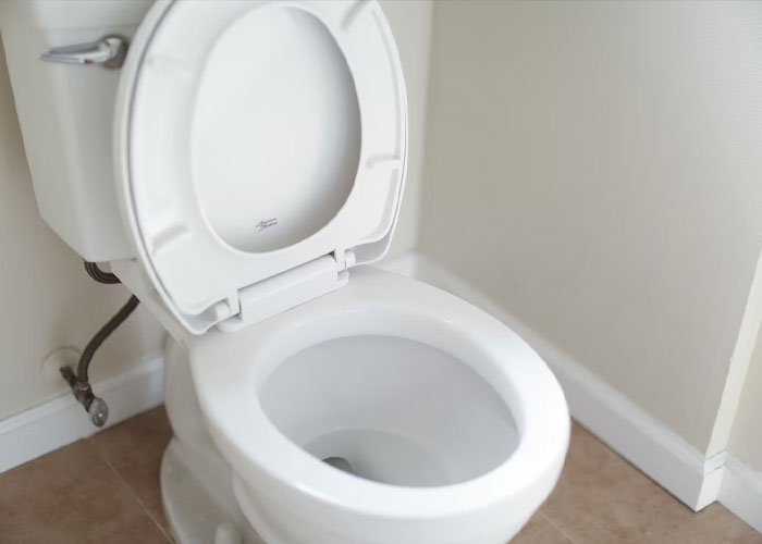 Open white toilet in a bathroom, illustrating weirdest guest rules about bathroom use in someone’s house.