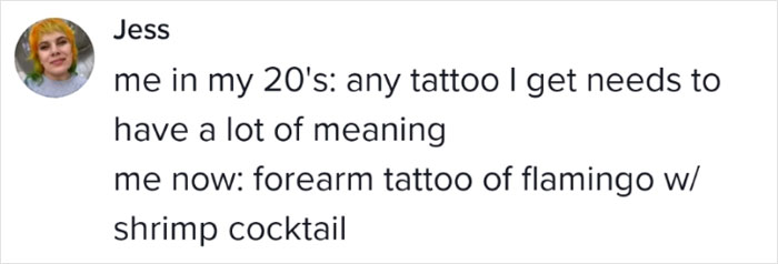 Text conversation about meaningful tattoos, later regretted: "Forearm tattoo of flamingo with shrimp cocktail.