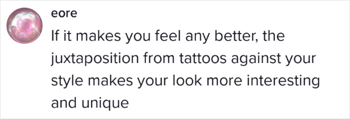 Comment discussing tattoos, highlighting style uniqueness and personal expression.