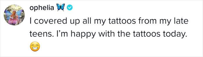Social media post about covering and liking older tattoos.